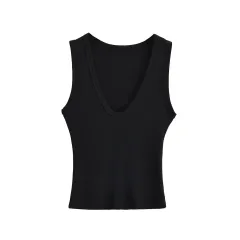 Women's Deep U-neck Vest Short Top - Black - View 1