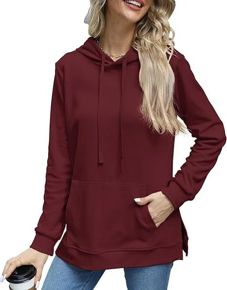 Casual Long Sleeve Sweatshirt Top With Pockets Wine Red - Shop at LoveMi