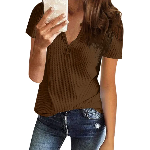 Women's Shirt V neck Fashion Short Sleeve Brown - Shop at LoveMi