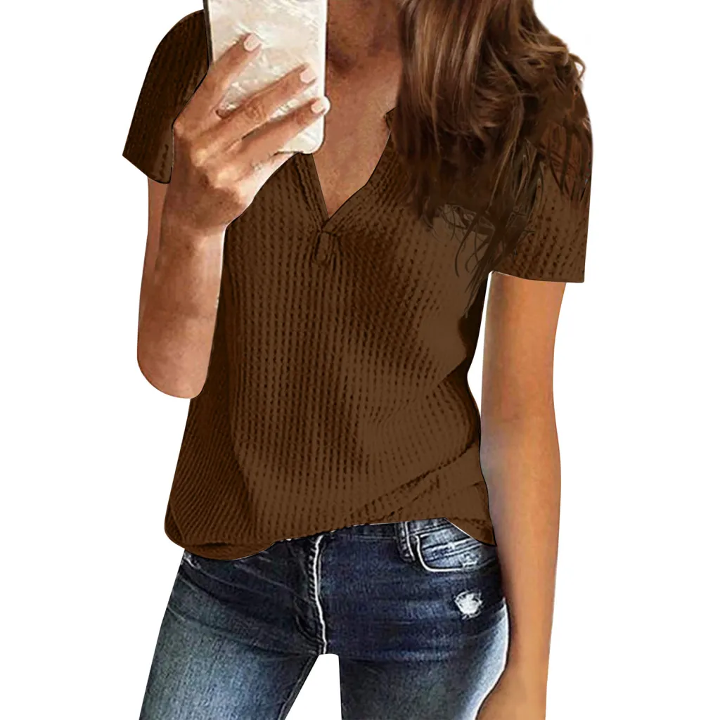 Women's Shirt V-neck Fashion Short Sleeve - Brown