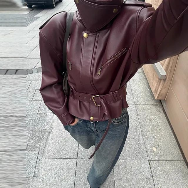 Womens Short Leather Jacket With Lacing Red - Shop at LoveMi
