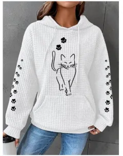 Women's Clothing New Waffle Hooded Long Sleeve Letter Print Sweatshirt - White - View 1