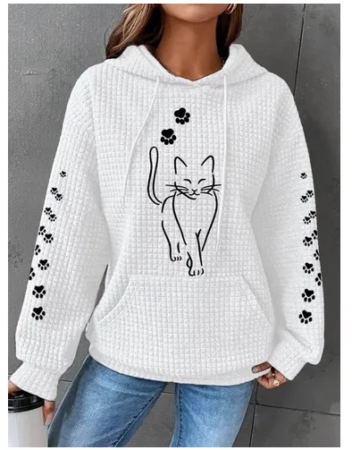 Women's Clothing New Waffle Hooded Long Sleeve Letter Print Sweatshirt - White