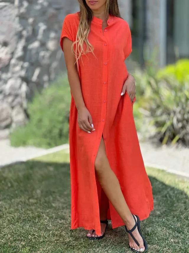 Cotton And Linen Casual Short sleeved Cardigan Dress Orange Red - Shop at LoveMi