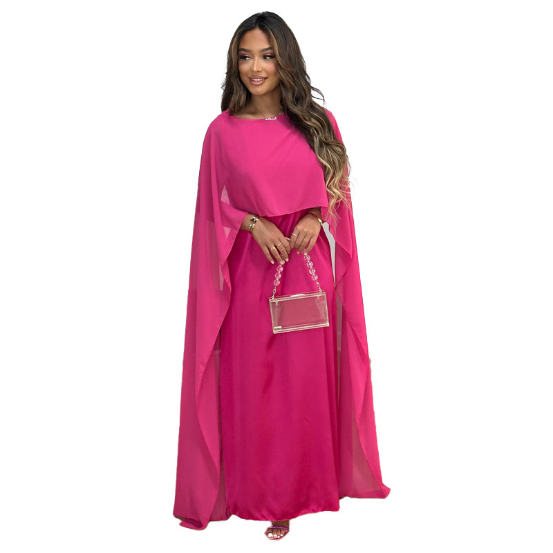 Round Neck Loose Big Hem Djellaba Chiffon Dress Women Rose - Shop at LoveMi