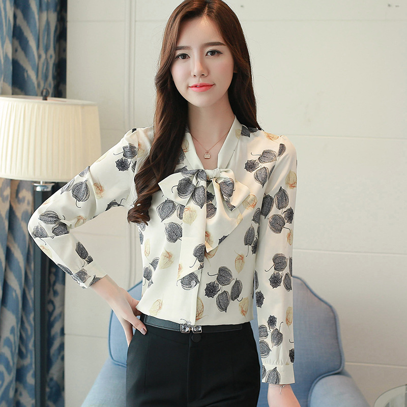 Spring And Autumn New Chiffon Printed Shirt Stylish Temperament Long Sleeves Bow Tied Shirt