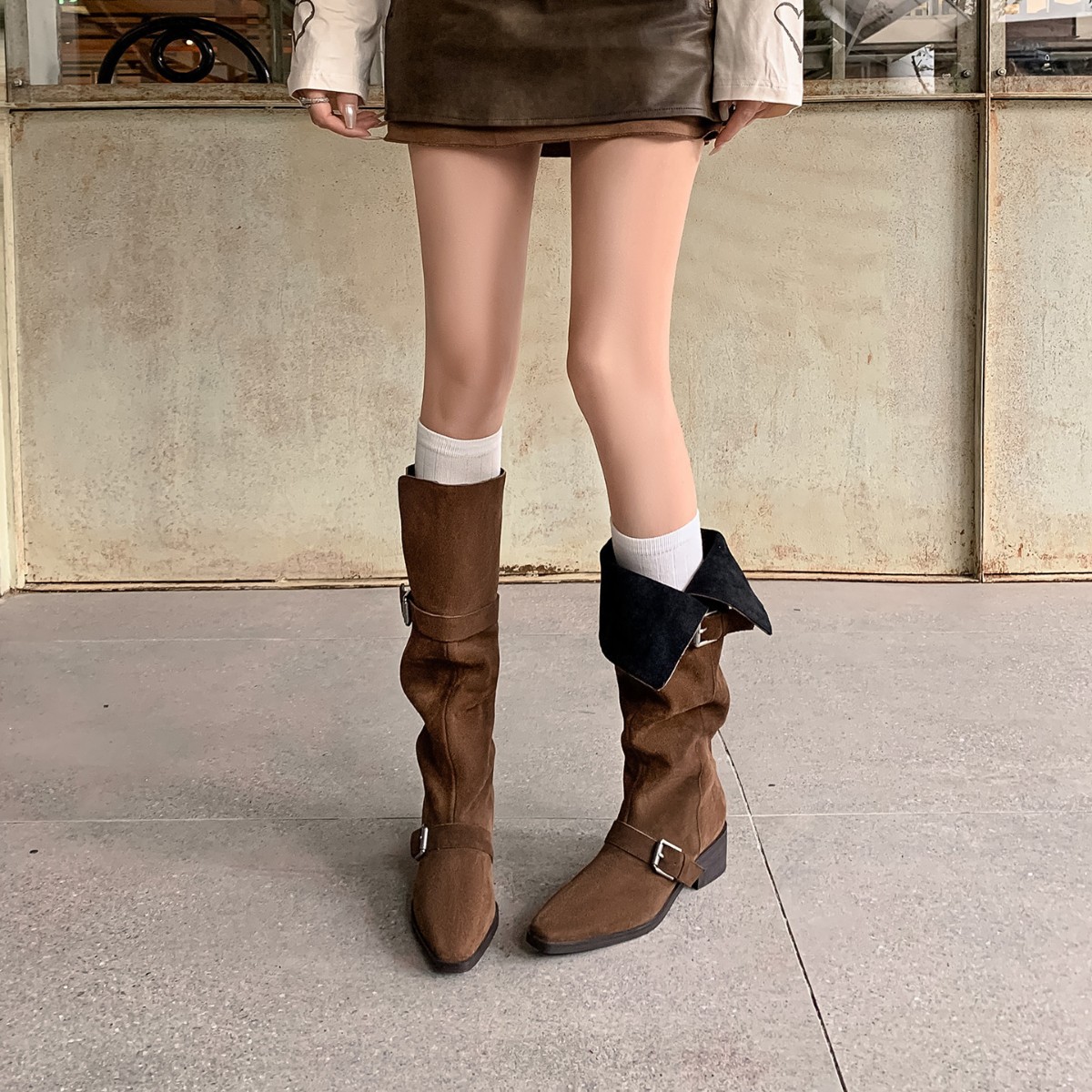Women's Retro Cowhide Leather Belt-Clasp Chunky-Heel Western Cowboy Boots