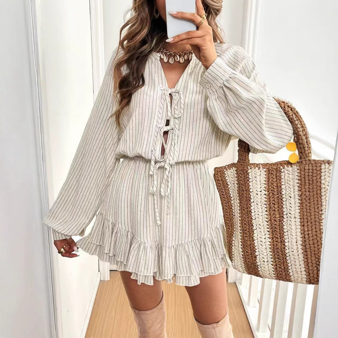 Round-neck Lantern-sleeve High-waisted Cotton-linen Dress