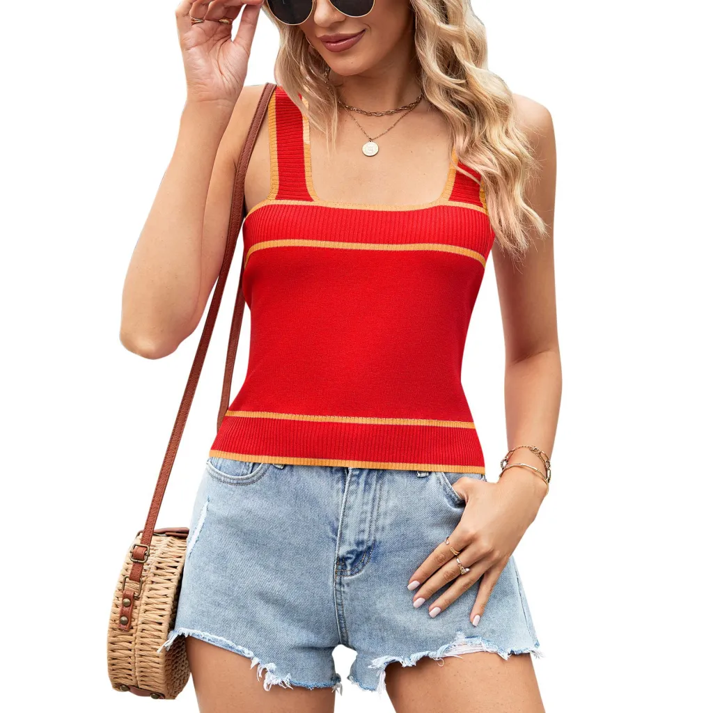 European And American Contrast Color Knitted Sweater Short Midriff-baring Tank Top - Red