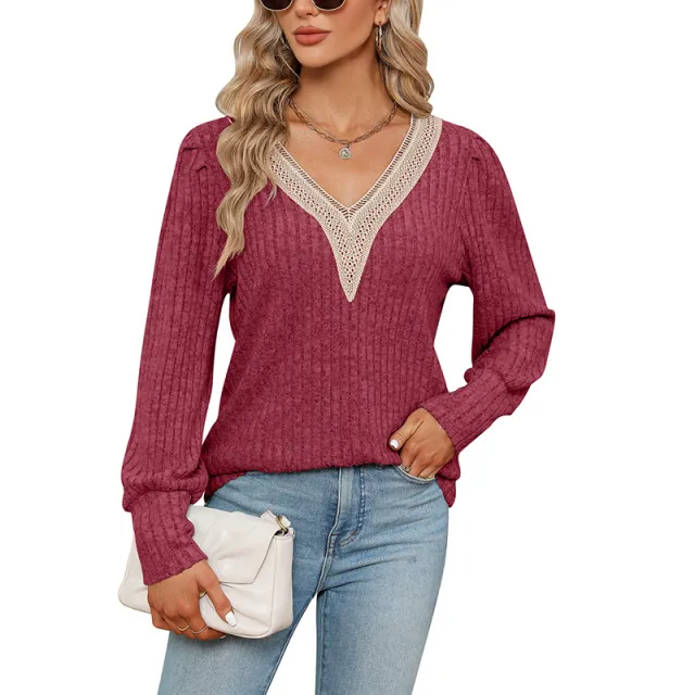 Sunken Stripe Brushed Loose Long sleeved T shirt Wine Red - Shop at LoveMi