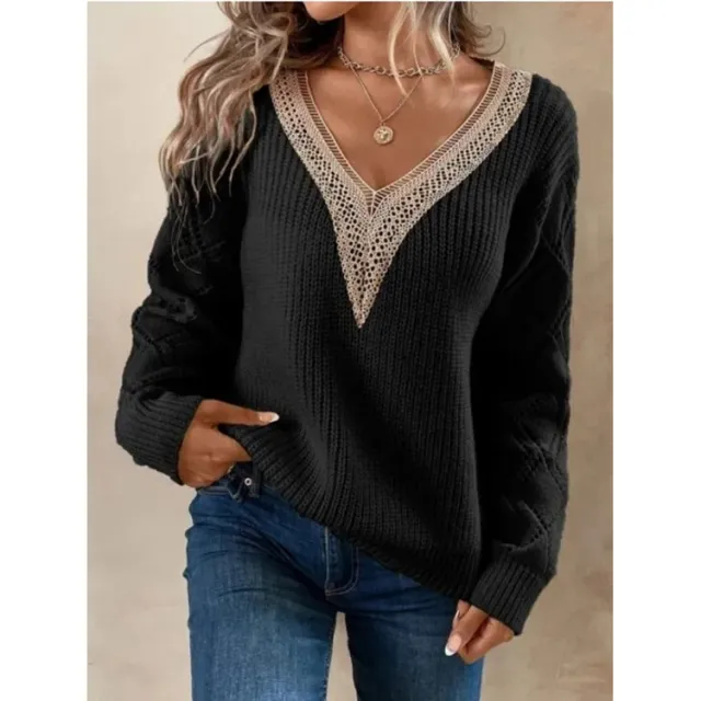 Spring And Autumn V neck Sweater New Loose Casual Black - Shop at LoveMi