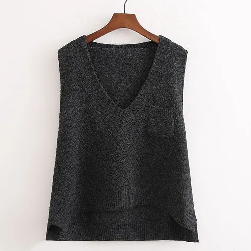 Women's Knitted Vest Spring And Autumn Plus Size Sleeveless Sweater Waistcoat Tops Outerwear Waistcoat - Black And Grey