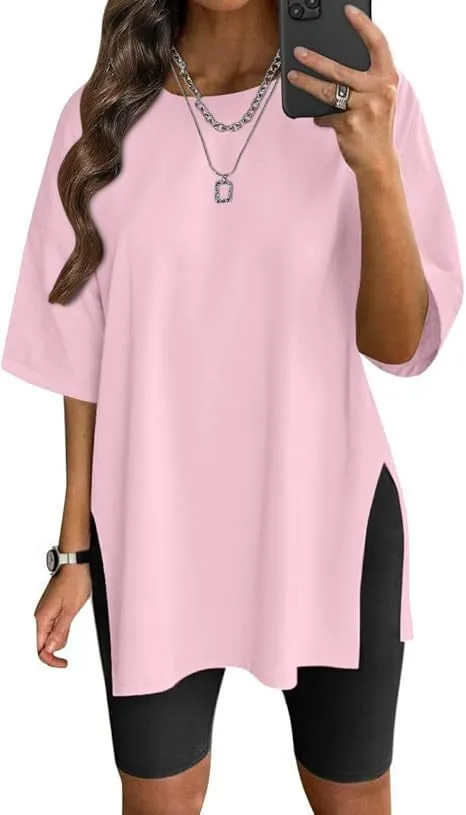 Women's Solid Color Split Short sleeved T shirt Round Neck Loose Top Pink - Shop at LoveMi