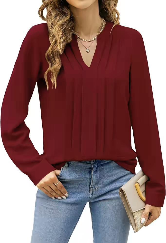 Temperament Commute Long Sleeve Solid Color Sweet Top Women's V neck Design Red - Shop at LoveMi