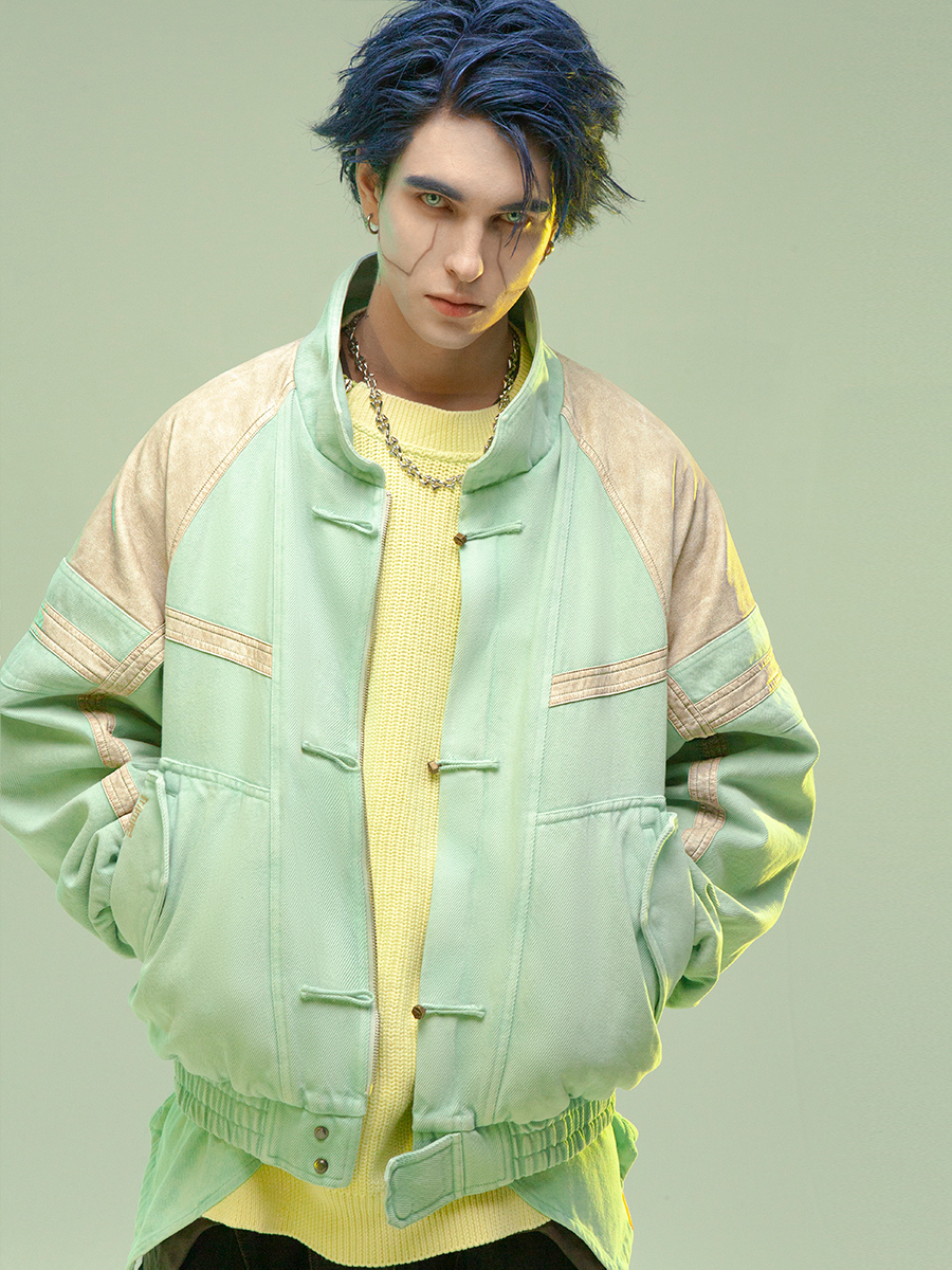 Chinese Style Leather Patchwork Washed Thickened Short Jacket