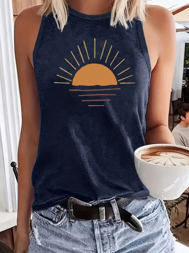 Sunrise Printed Round Neck Vest Spring And Summer Casual Sleeveless Dark Blue - Shop at LoveMi
