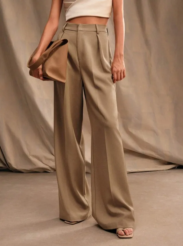 Women's Slimming Casual Draping Suit Pants Loose High Waist Wide Leg Trousers Khaki - Shop at LoveMi