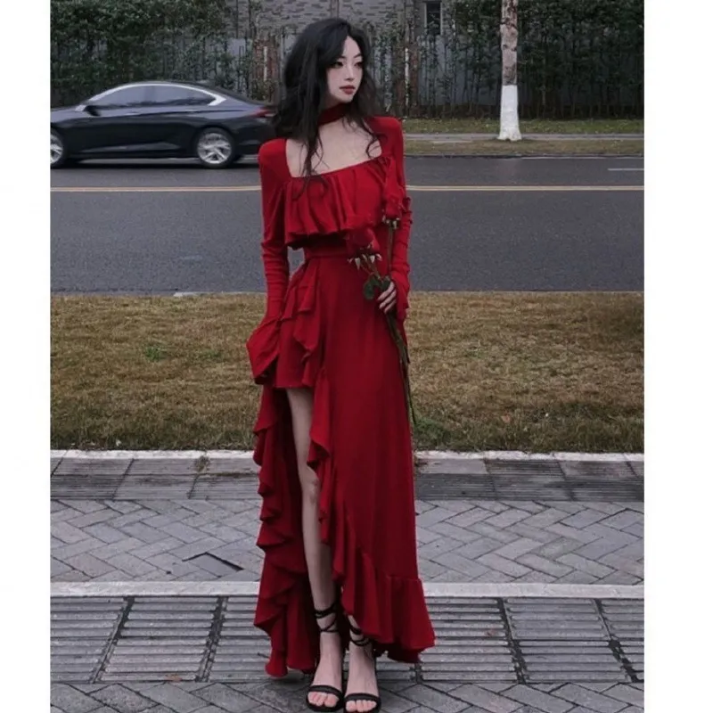 Fork Halter Square Collar Top Long Dress - Default-M
