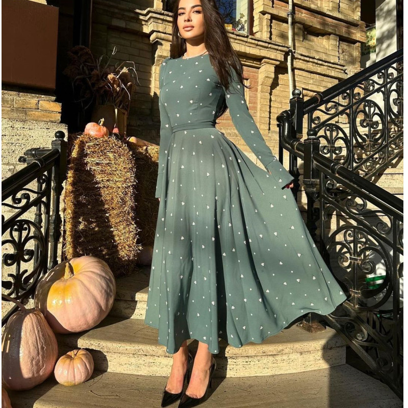Fashionable Printed Long Sleeve High Waist Tie Women's Maxi Dress Gray - Shop at LoveMi