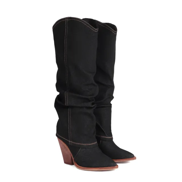 Chunky Heel High Heel Vintage Pointed Toe High Tube Pants Boots Black - Shop at LoveMi