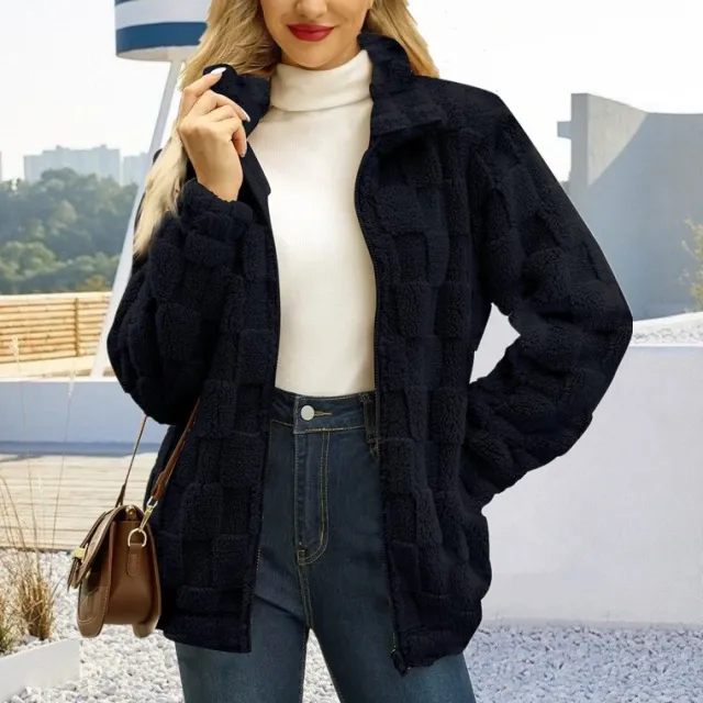 Women's Zipped Stand Collar Loose Jacquard Square Plaid Plush Coat Black - Shop at LoveMi