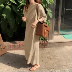Artistic Casual Retro Round Neck Loose Large Size Long Dress - Beige - View 1