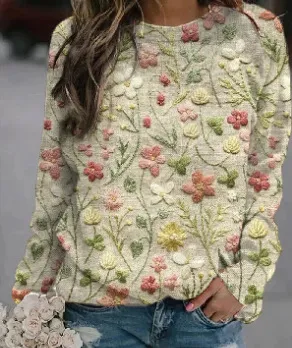 Printed Loose Round Neck Sweater For Women Style 5 S - Shop at LoveMi