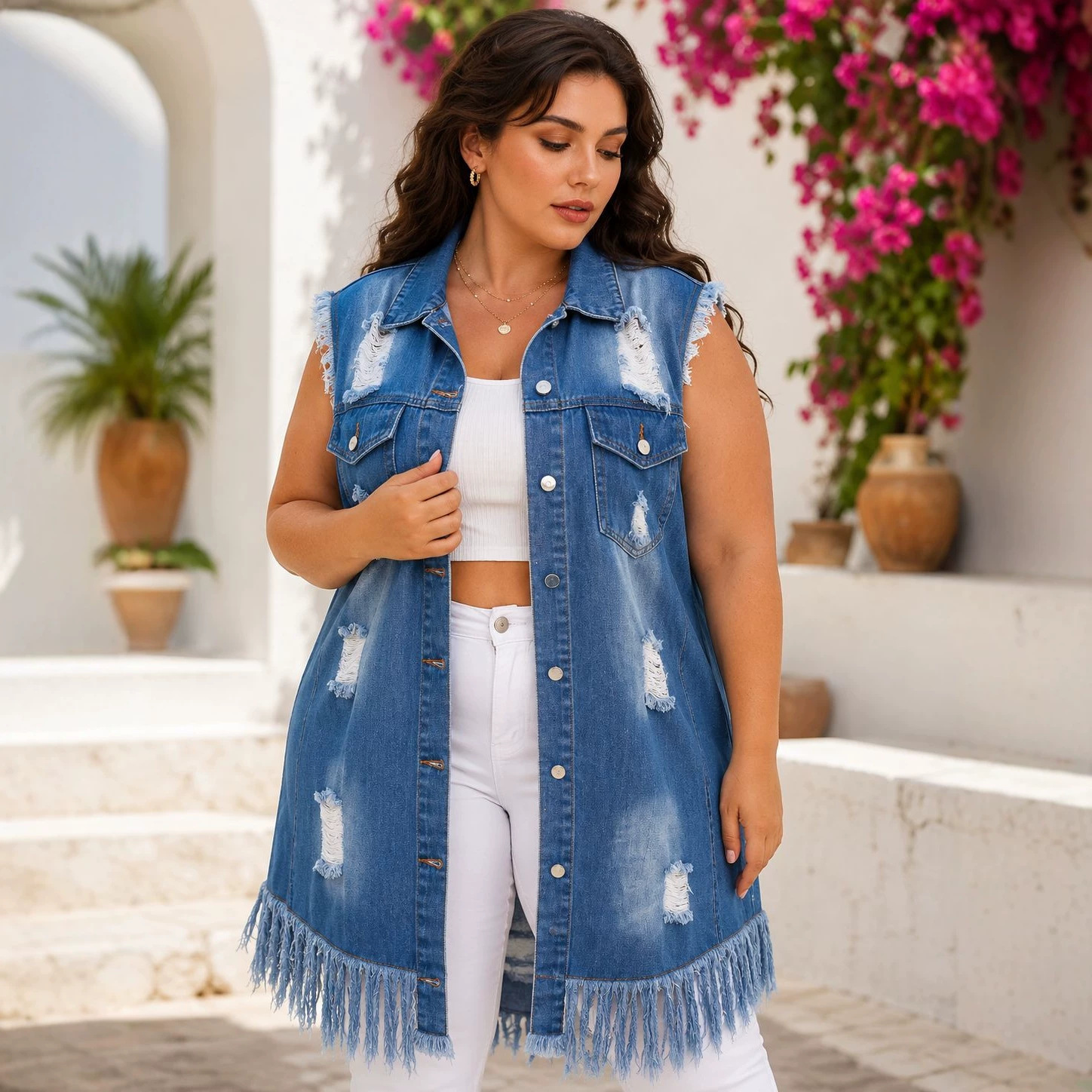 Casual Sleeveless Open-back Tassel Hem
