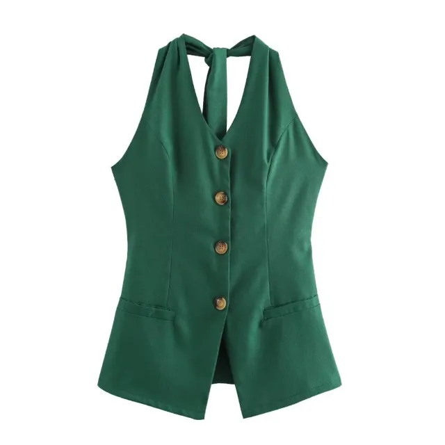 Classic Style Cotton And Linen Halterneck Vest Suit Women's Summer High grade Trousers Green Top - Shop at LoveMi