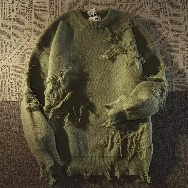 High Street Ripped Sweater Women's Autumn And Winter Idle Style Knitwear Green - Shop at LoveMi