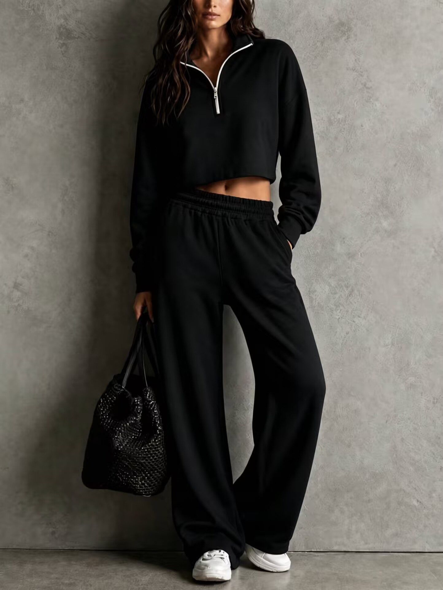 Womens Loose-fitting Half-zip Top And Wide-leg Pants Set 9