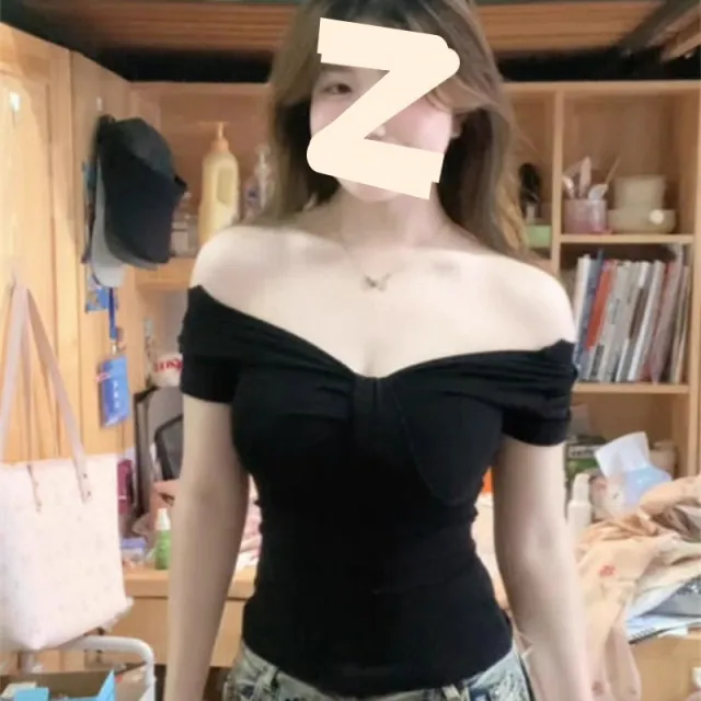 Female Solid Color One Shoulder Off Shoulder V neck Short Sleeved Shirt Black - Shop at LoveMi