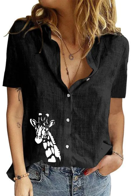 Women's Printed Linen Shirt Short Sleeve Black 1346 - Shop at LoveMi