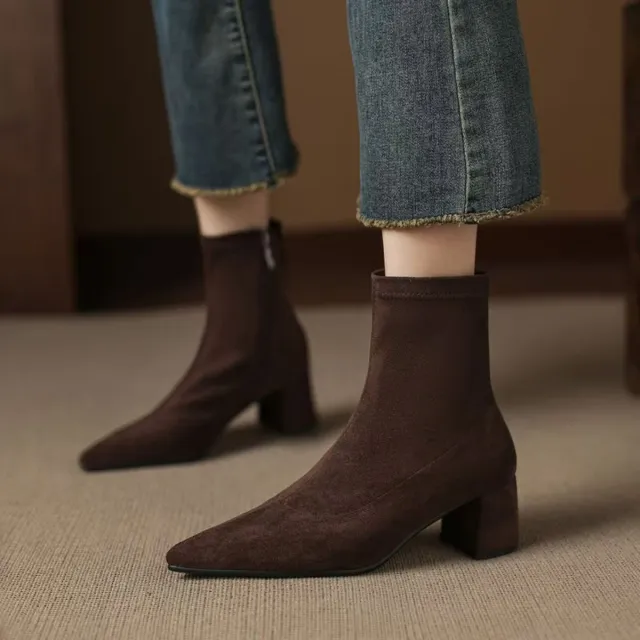 Suede Ankle Boots With Mid Heel Brown - Shop at LoveMi
