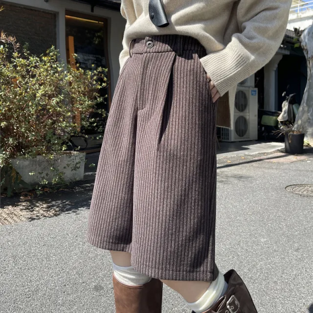Womens AutumnWinter High Waisted Striped Retro Wide Leg Cropped Pants Brown - Shop at LoveMi