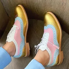 Retro Plus Size Color Matching Casual Flat Shoes - Gold - View 1