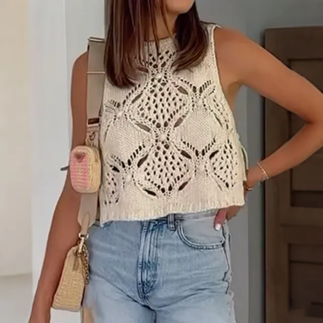 Sleeveless Hollow Vest Jacket Women's Clothing Apricot - Shop at LoveMi