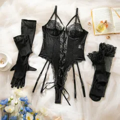 Women's Creative Jumpsuit Lace Transparent Pajamas With Gloves Stockings Suit - Transparent - View 1