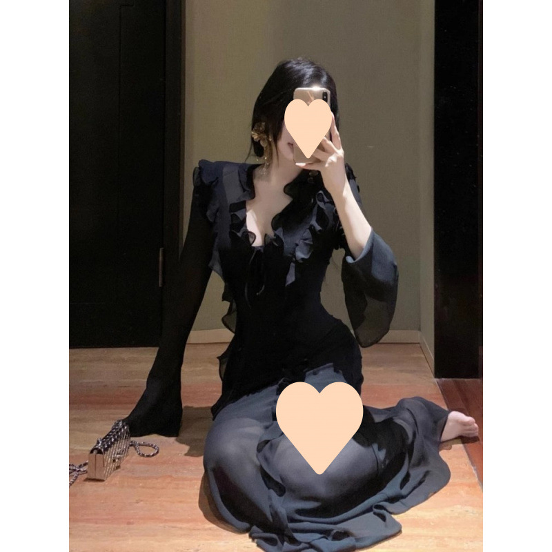 American Ruffled Collar Dress Female Early Autumn Long Sleeves Waist-controlled Skirt