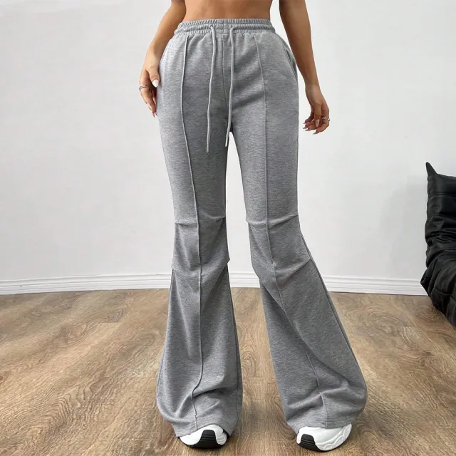 Simple Casual Pants Drawstring Elastic Waist Wide Leg Trousers Gray - Shop at LoveMi
