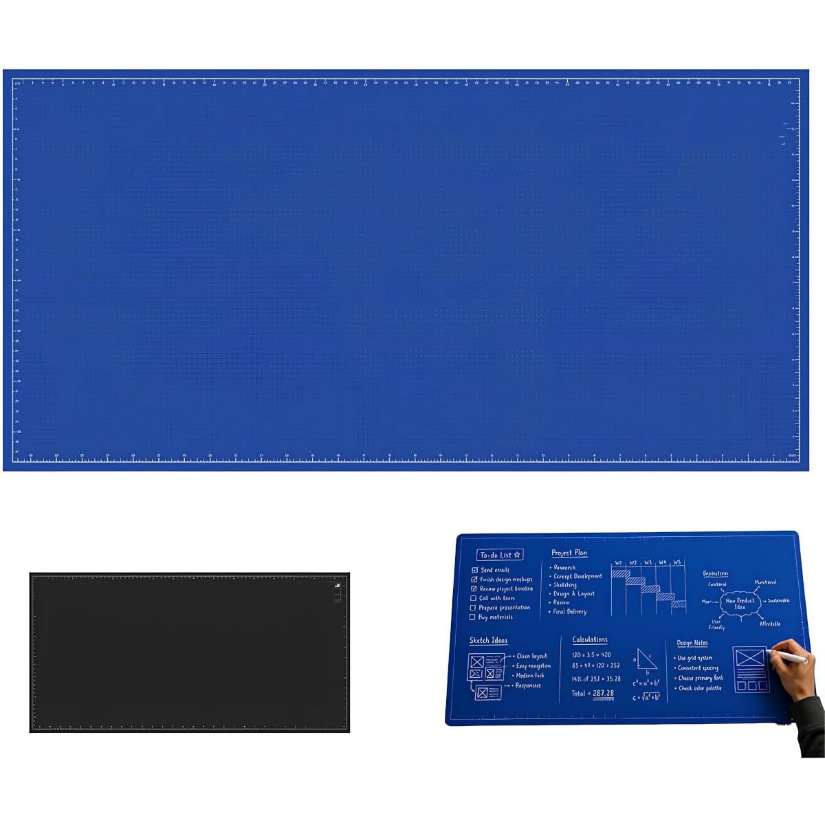 Blueprint desk mat shown from both sides: blue blueprint front and black back