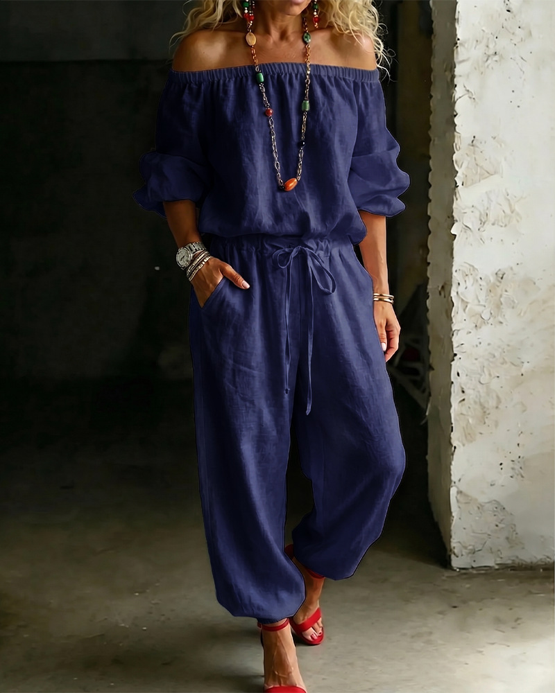 One-shoulder Top And Casual Drawstring Jogger Pants Jumpsuit Set — foto 3