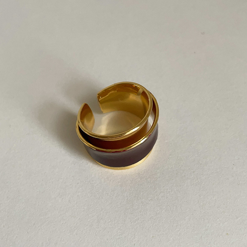 Maillard Style Chocolate Dripping Oil Double-layer Metal Open Ring