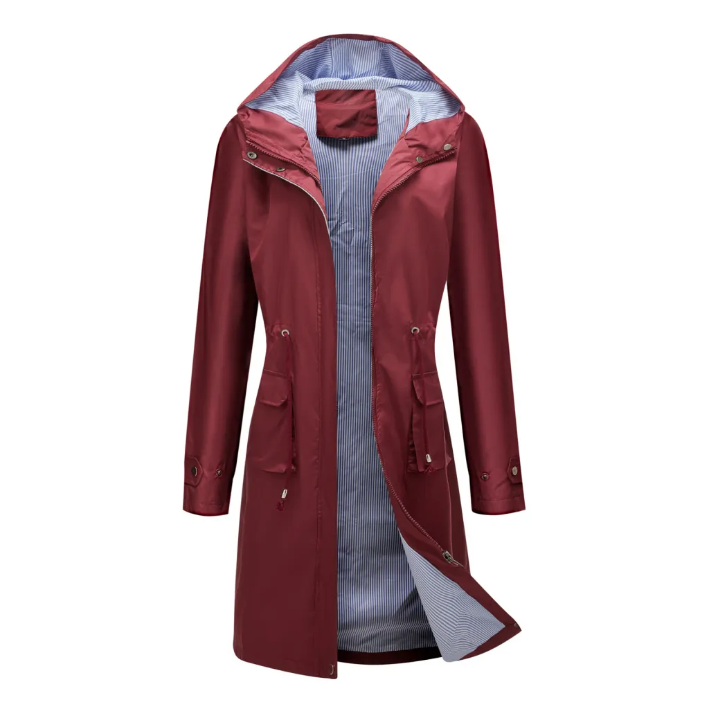 Long Casual Windbreaker Women's Waterproof Hooded Solid Color Top Striped Lining Straight Coat - Red