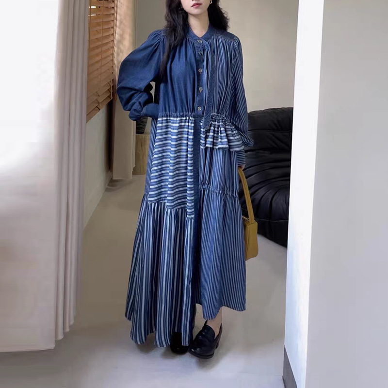 韩版复古文艺风宽松长裙2024春季新品圆领长袖不规则拼接连衣裙女
