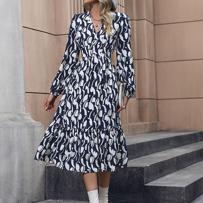 Fashion Women's Wear Long Sleeve Printed Dress Blue - Shop at LoveMi