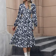 Fashion Women's Wear Long Sleeve Printed Dress - Blue - View 1