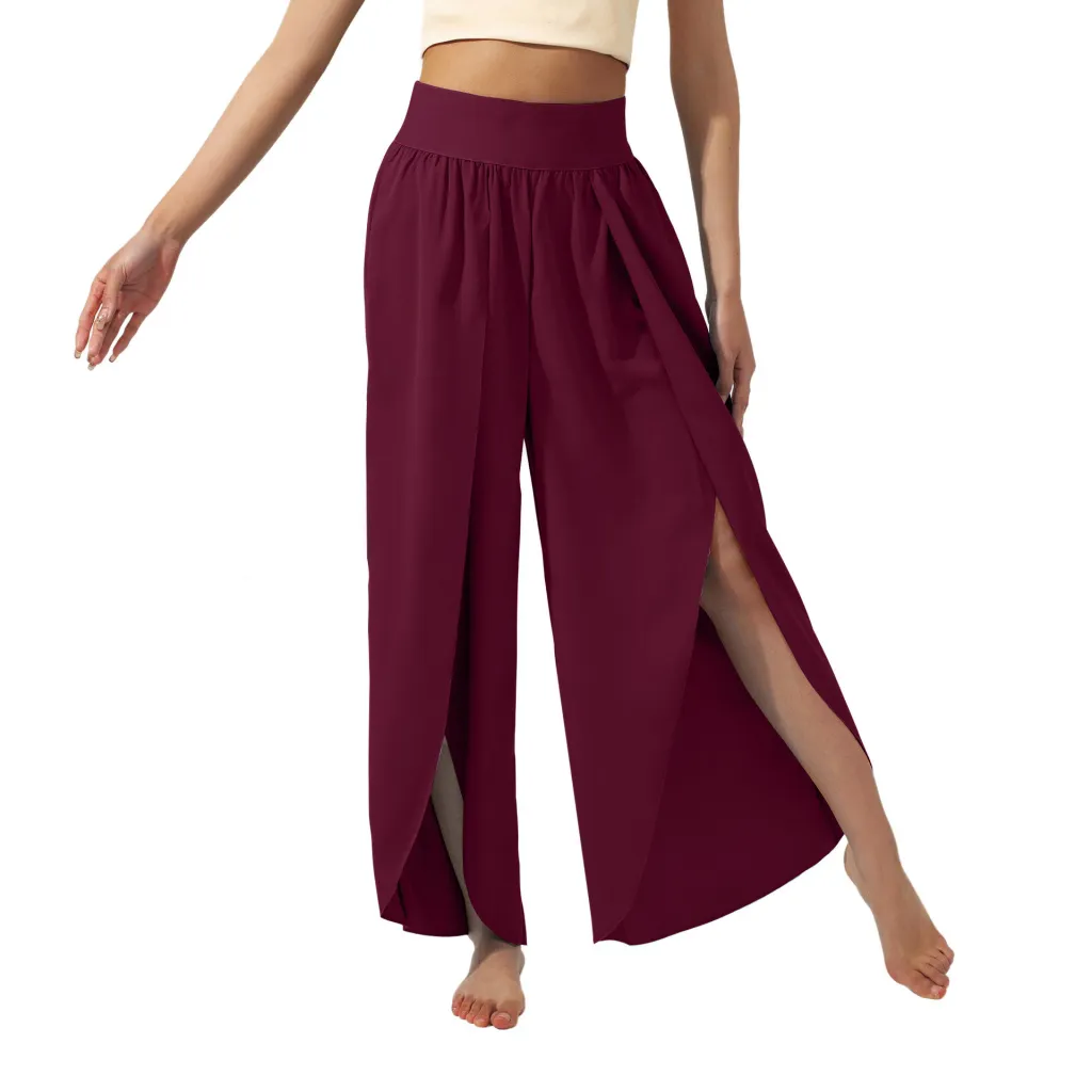 Women's Fashionable All-match Slimming High Waist Slit Yoga Pants - Wine