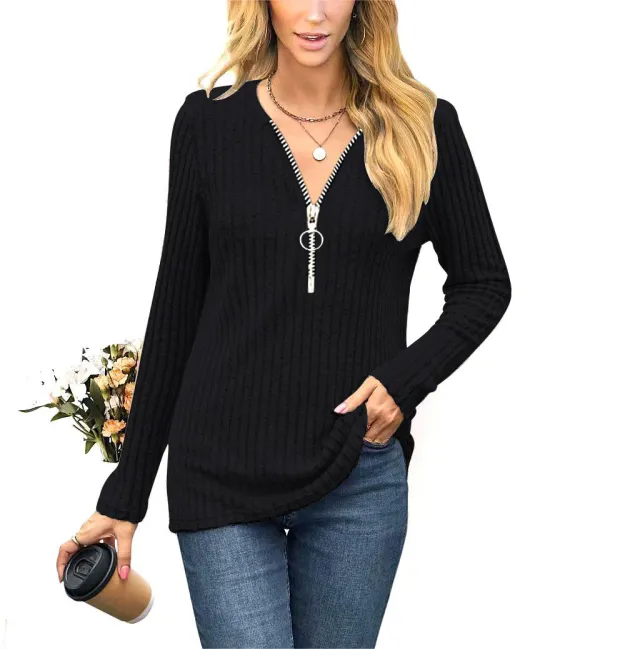 Women's Clothing Chest Zipper Pleating Casual Long Sleeve T shirt Black - Shop at LoveMi
