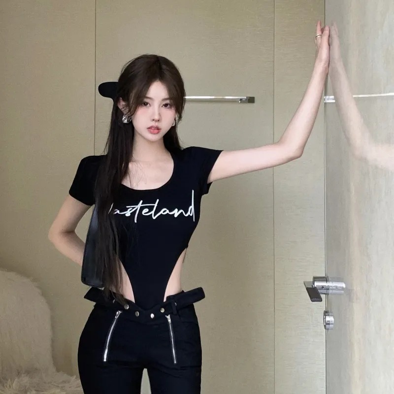 Midriff Outfit Letter Print Short-sleeve Top For Women